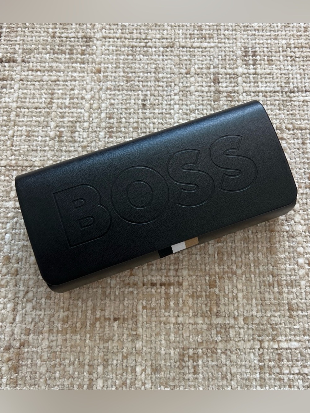 HUGO BOSS black leather BOSS hard-shell sunglasses case featuring an embossed lo